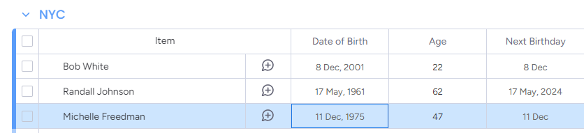 Board with dates of birth filled in