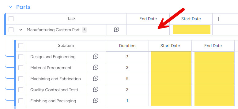 Board showing a manufacturing task with sub-tasks